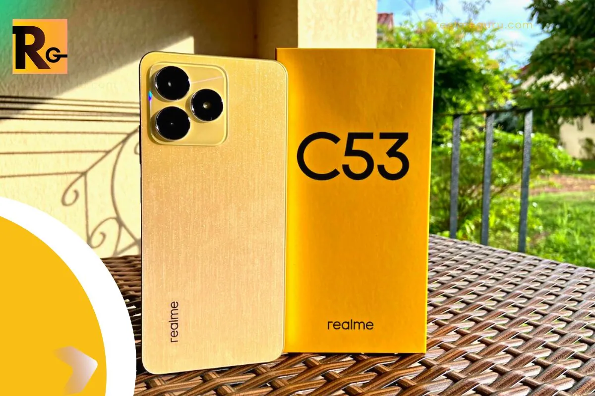 realme c53 on bench thumbnail with it's yellow box
