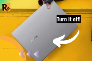 realme booklaptop in hand with overlay text to turn if off